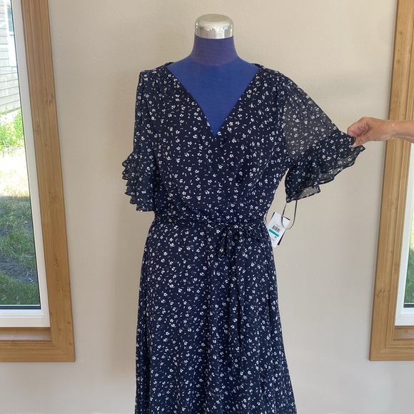 DKNY Womens Printed Ruffle-Sleeve Tie Waist Dress - Size 16 NWT - Picture 2 of 11